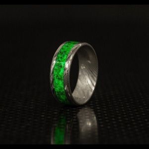 Diamond Damascus Ring, Green Glow Ring Galaxy Ring